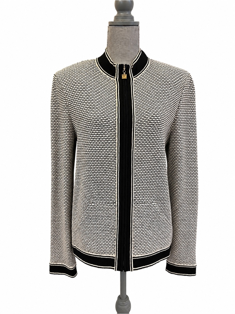 St. John Sport Black & White Knit Zip-Front Jacket, Size L